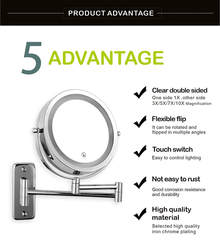 Wall Mounted Smart Bathroom Led Makeup Mirror 3X 5X 7X10X Magnification Adjustable Cosmetic Double Side Touch Dimming Mirrors