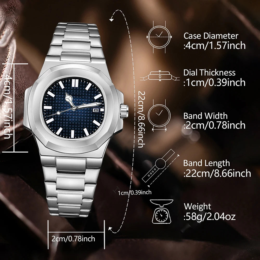 1PCS Silver Men's Watch Fashion Trend Simple Wind Strap Calendar Quartz Watch Suitable for Daily Clothing Matching Perfect Gift