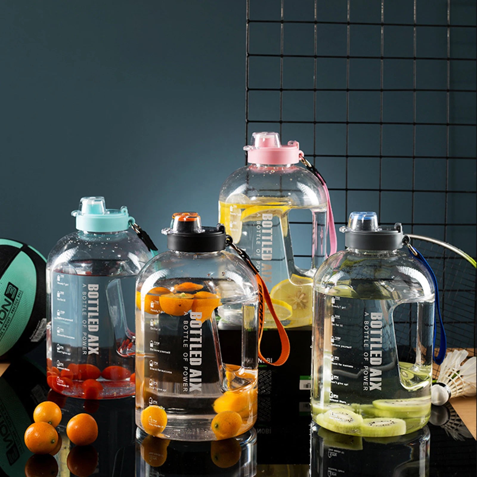 2200ML Large Capacity Water Bottle Gradient Color Time Marker with Handle Strap Wide Mouth Opening Outdoor Sport Fitness Gym Cup