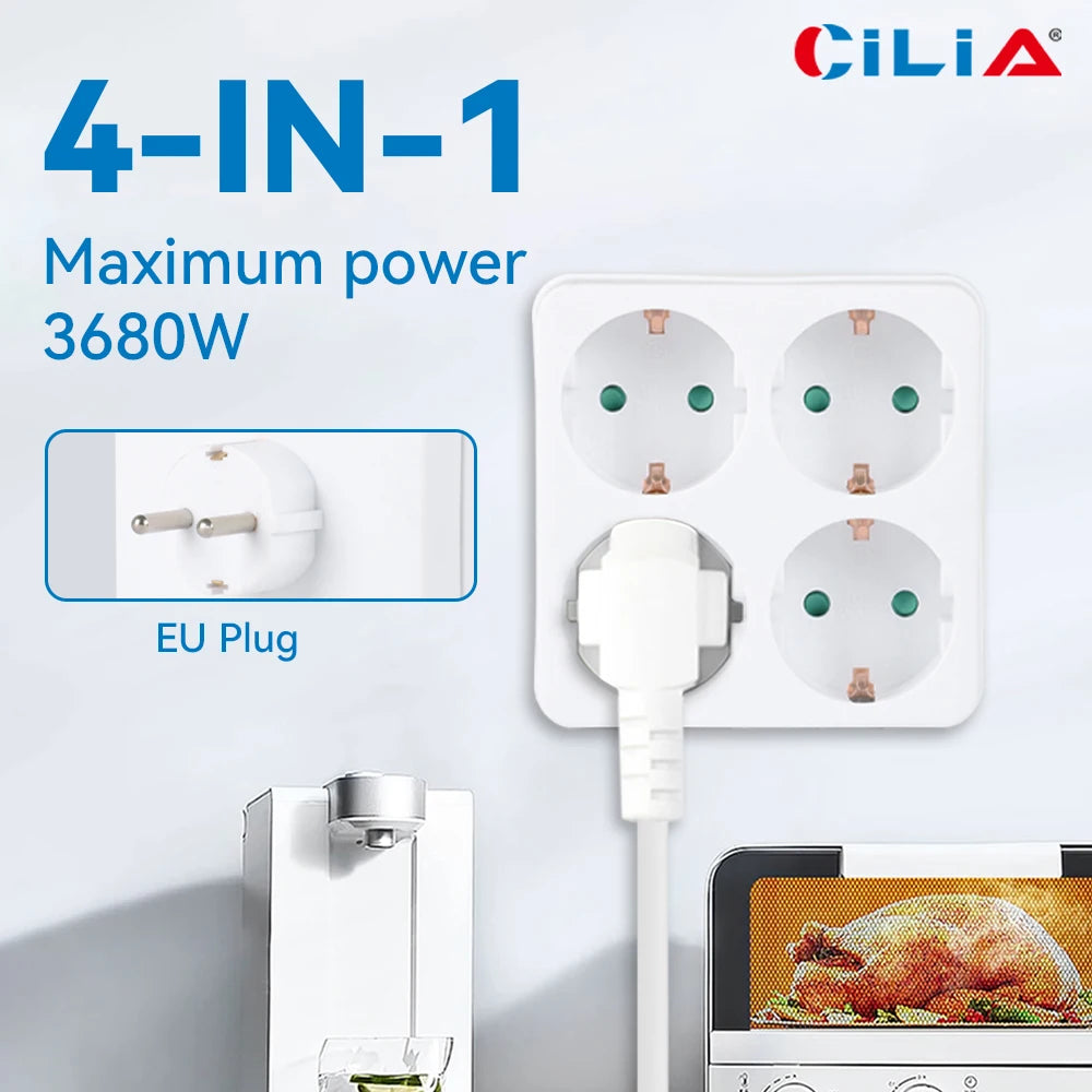 CILIA 1/2/4pcs EU Socket Extension Converter 4 Outlet Compact Square Design for Home,office  Use Travel Friendly,White