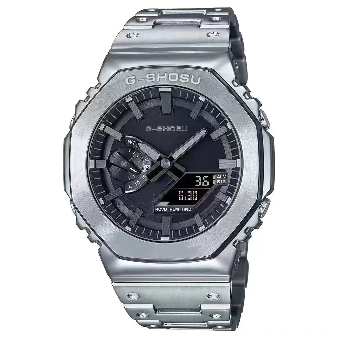 Digital Sports Electronic Unisex Watch Full Function LED Alloy Large Dial World Time Steel Strap GMB Oak Series