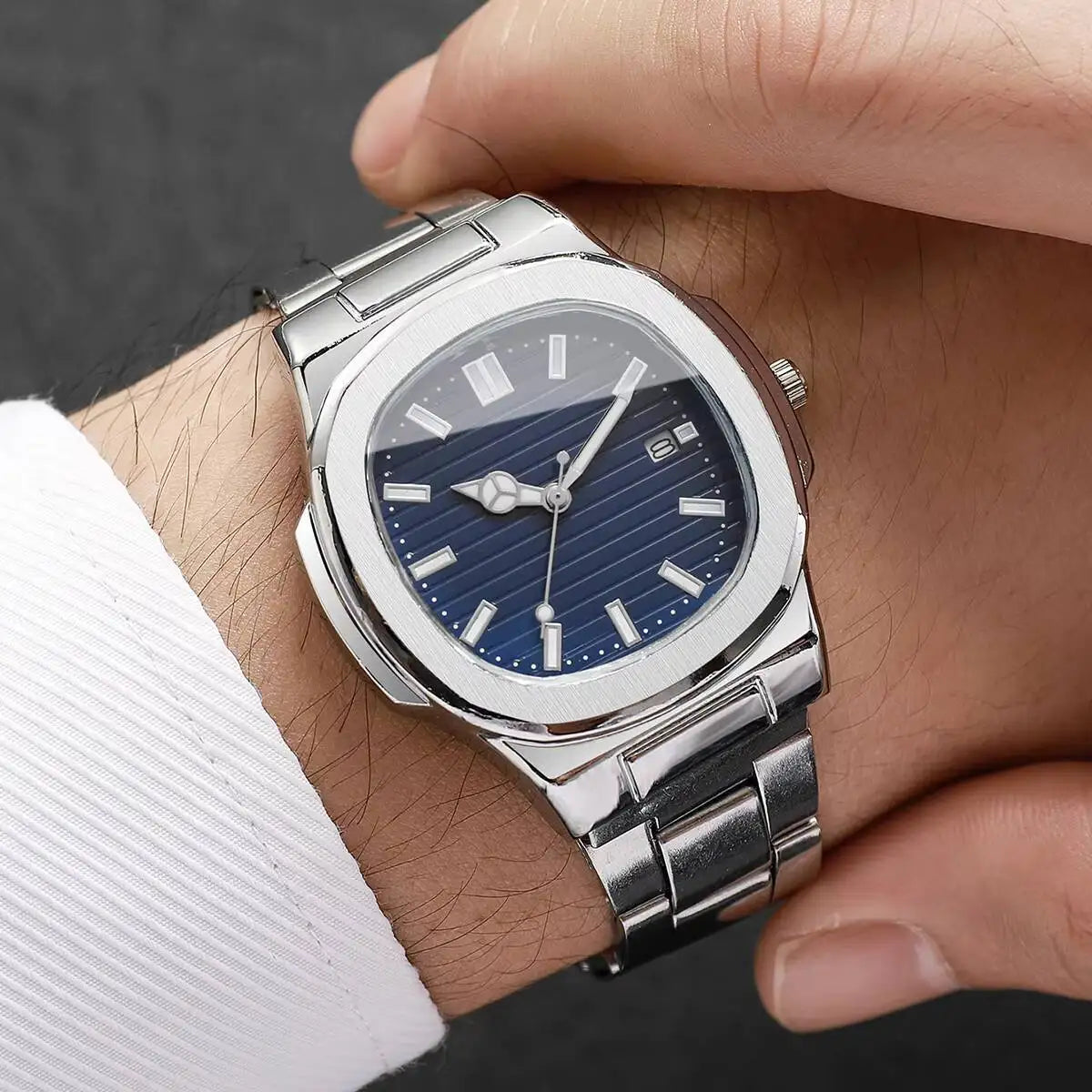 Fashion Square Men Business Watches Luxury Stainless Steel Strap Quartz Watch with Calendar For Mens Clock(Without Box)