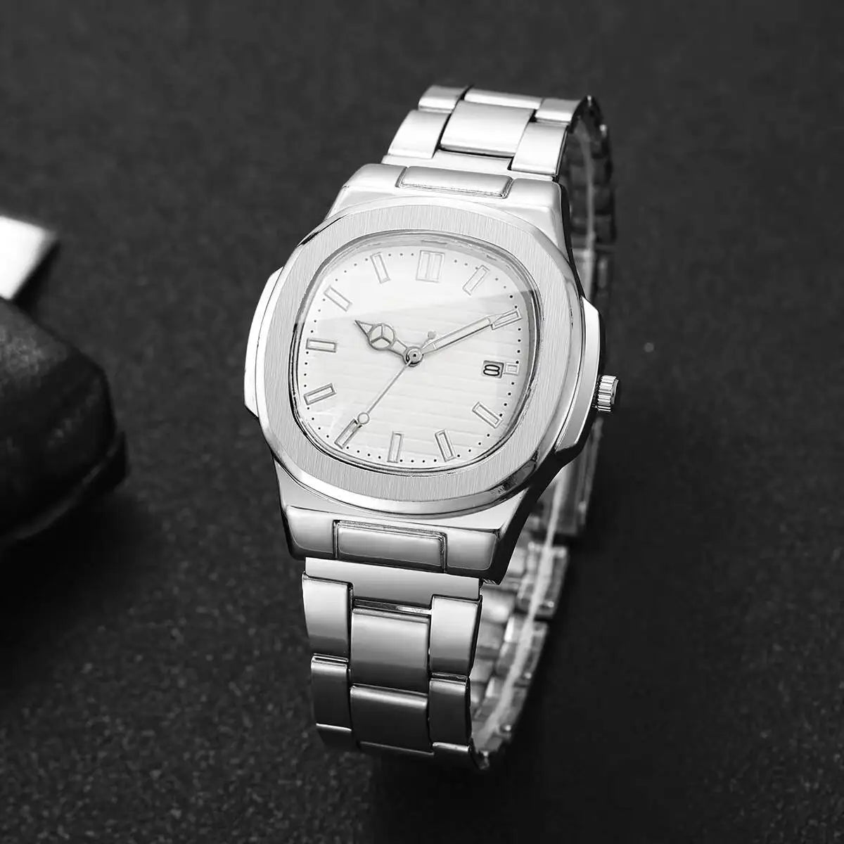 Fashion Square Men Business Watches Luxury Stainless Steel Strap Quartz Watch with Calendar For Mens Clock(Without Box)