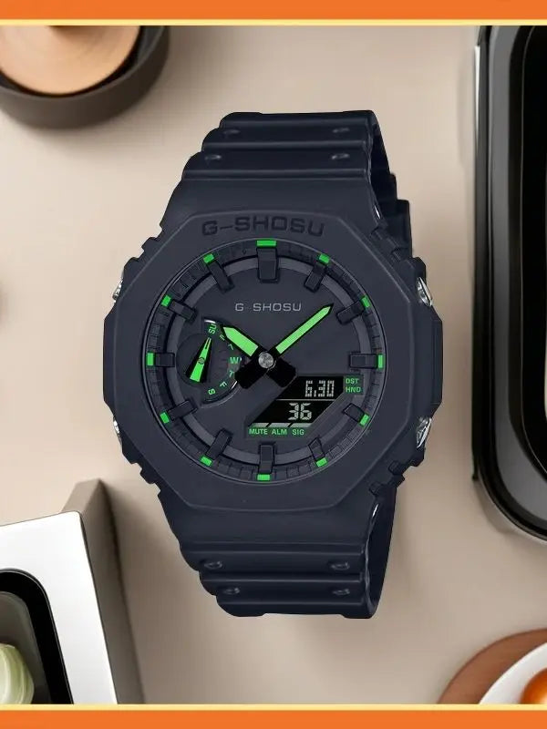 Black Sport Digital Unisex Watch Full Function World Time LED Dual Display Water Resistant Oak Series