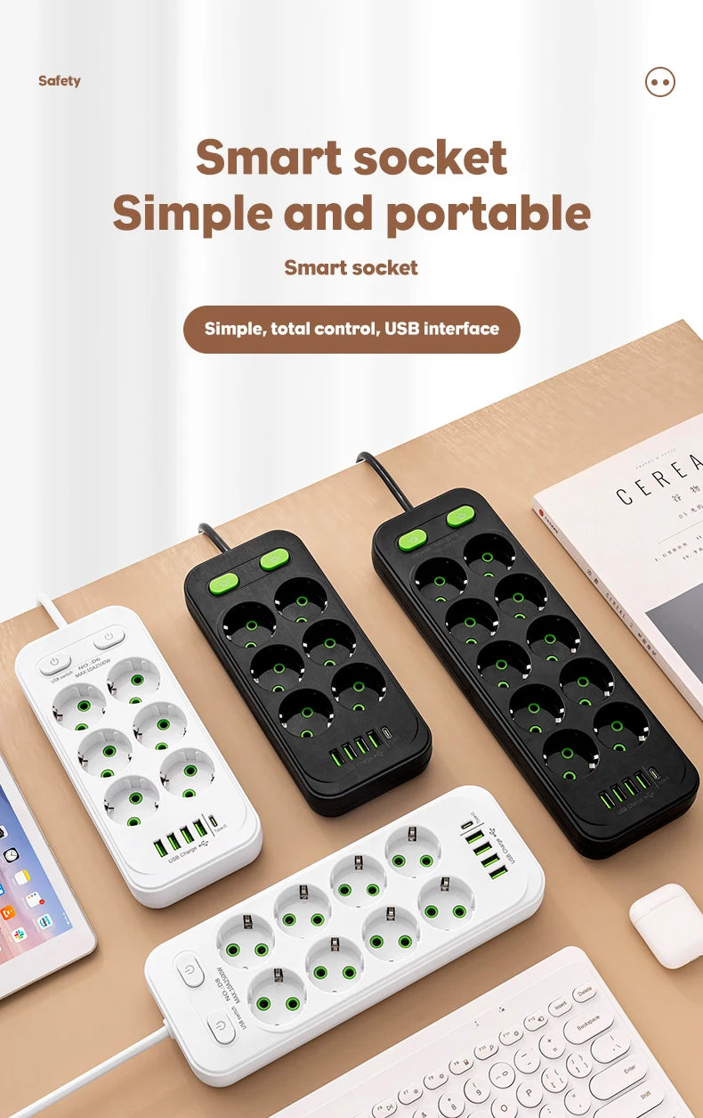 EU Plug AC Outlets Multitap Socket 2M Extension Cord Electrical Power Strip With USB Type C Fast Charging Network Filter Adapter