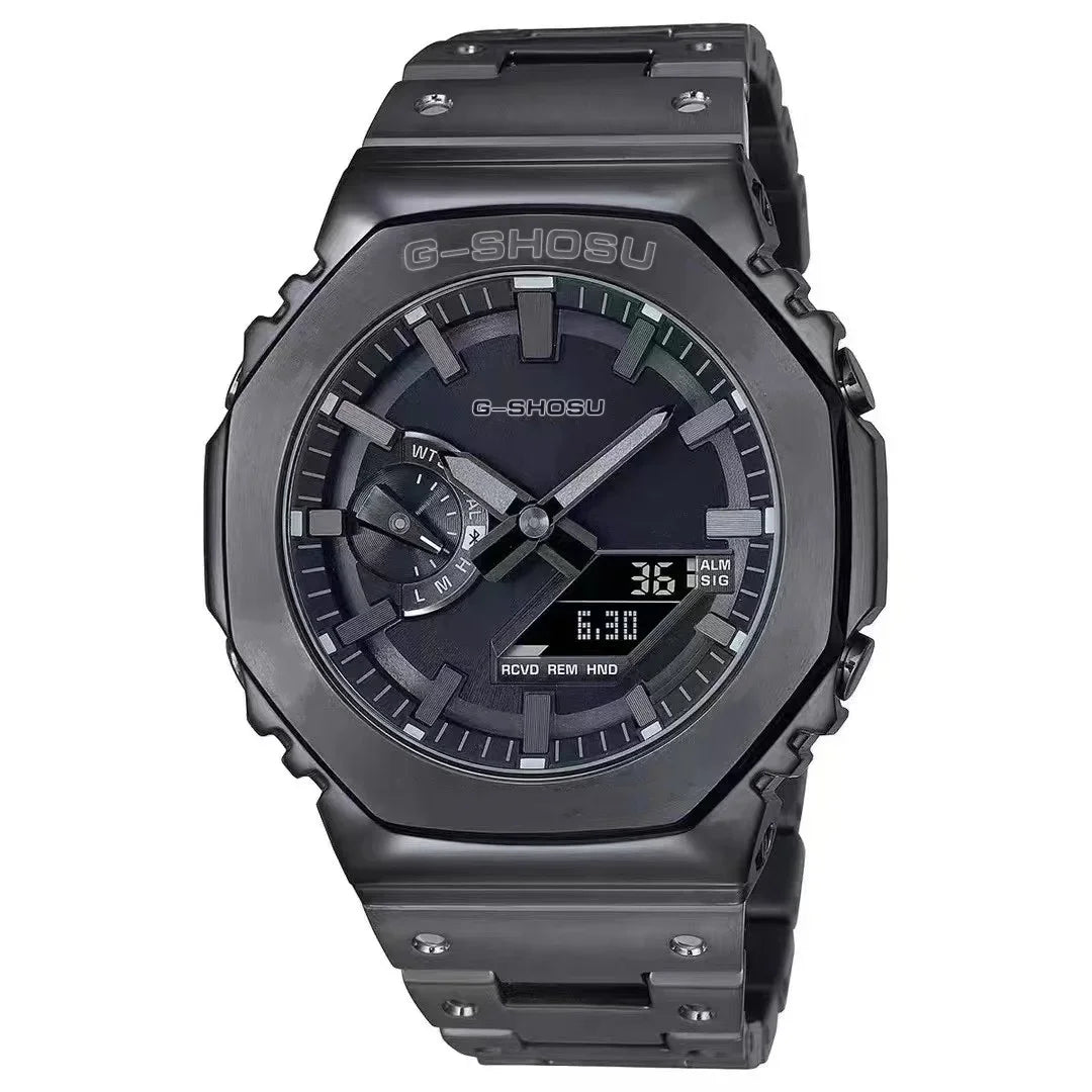 Digital Sports Electronic Unisex Watch Full Function LED Alloy Large Dial World Time Steel Strap GMB Oak Series