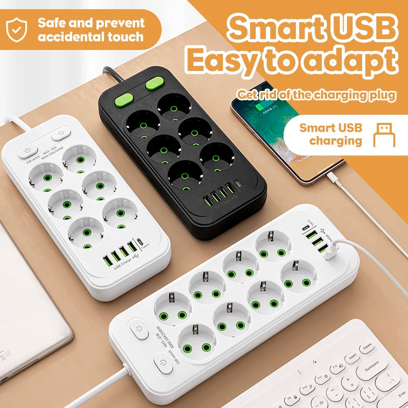 EU Plug AC Outlets Multitap Socket 2M Extension Cord Electrical Power Strip With USB Type C Fast Charging Network Filter Adapter