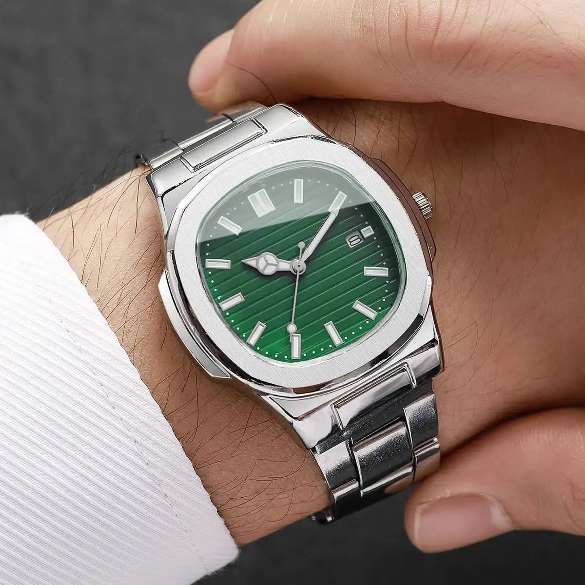 Fashion Square Men Business Watches Luxury Stainless Steel Strap Quartz Watch with Calendar For Mens Clock(Without Box)