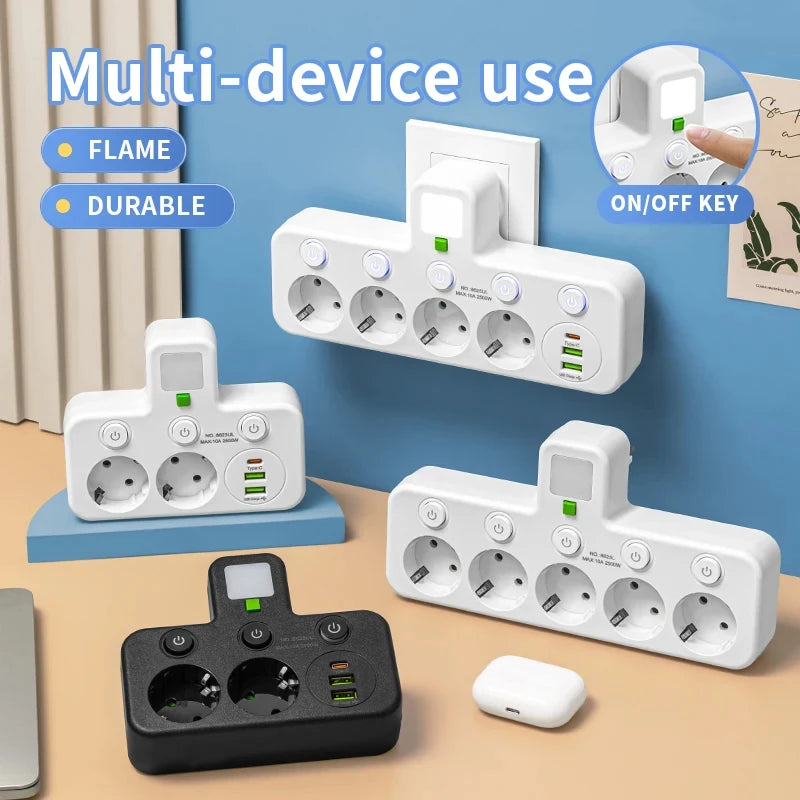 EU Socket Plug Outlet 5-Sockets Electrical Socket No Extension Cord With or without it USB Type-C Ports Two specifications