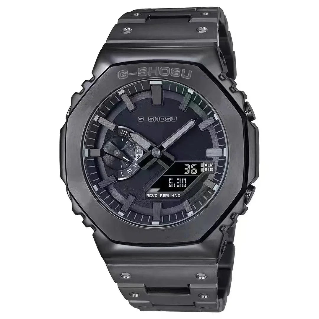 GMB Unisex Digital Watch Alloy Steel Band World Time LED Dual Display Full Function Series