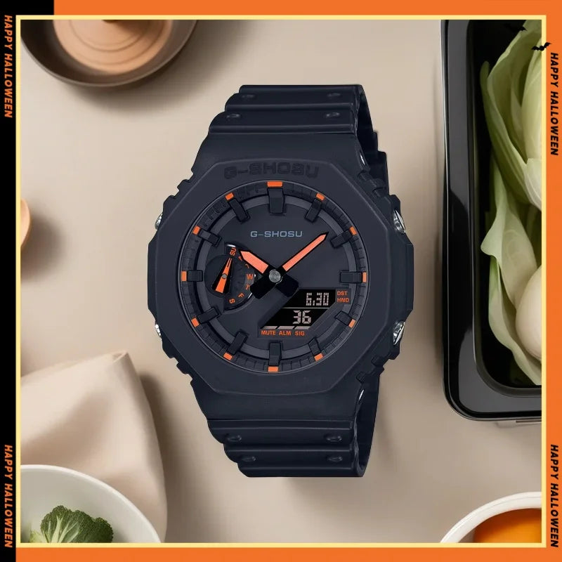 Orange Black Sport Unisex Watch Full Function World Time LED Dual Display Rubber Strap Oak