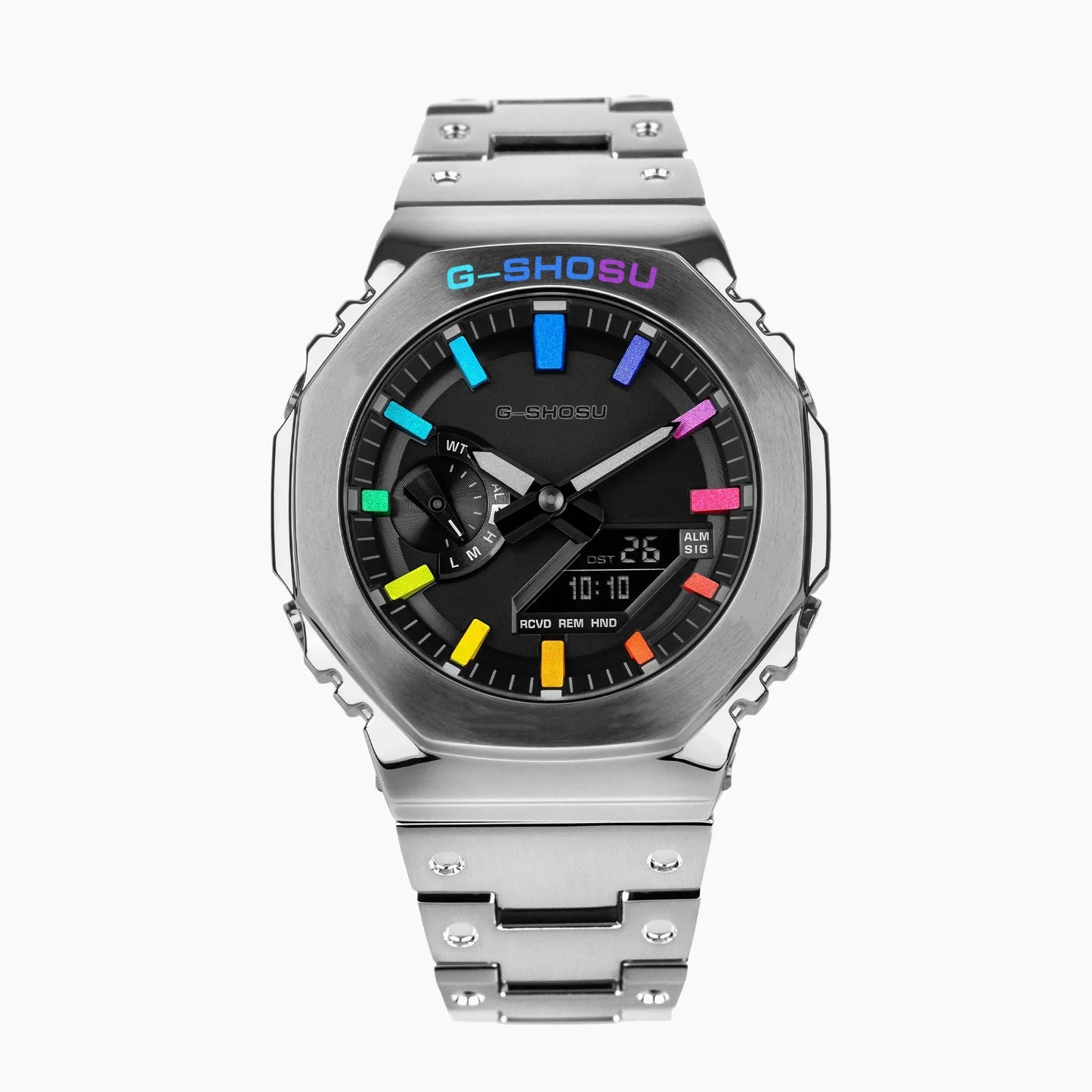 Digital Sports Electronic Unisex Watch Full Function LED Alloy Large Dial World Time Steel Strap GMB Oak Series