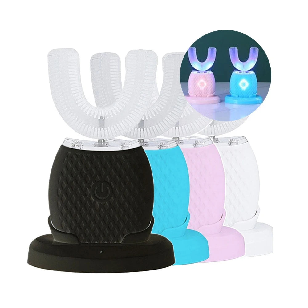 360° Ultrasonic Electric Toothbrush U Shaped for Adults Sonic Vibrations Tooth Brush with Charging Base Blue LED Light Whitening