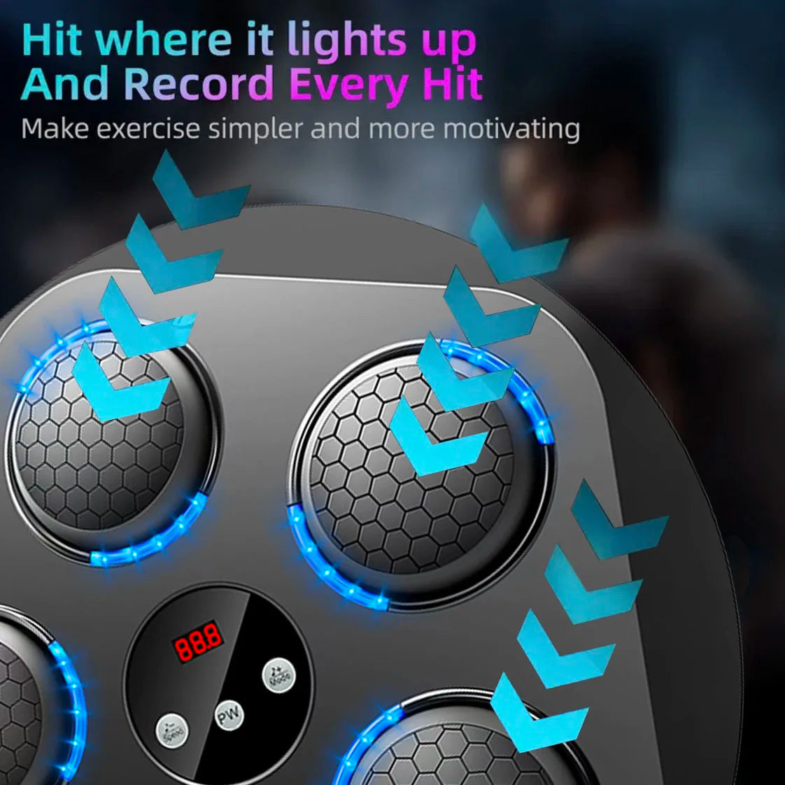 An interactive electronic boxing target with rhythmic music and lighting effects. A music boxing machine.