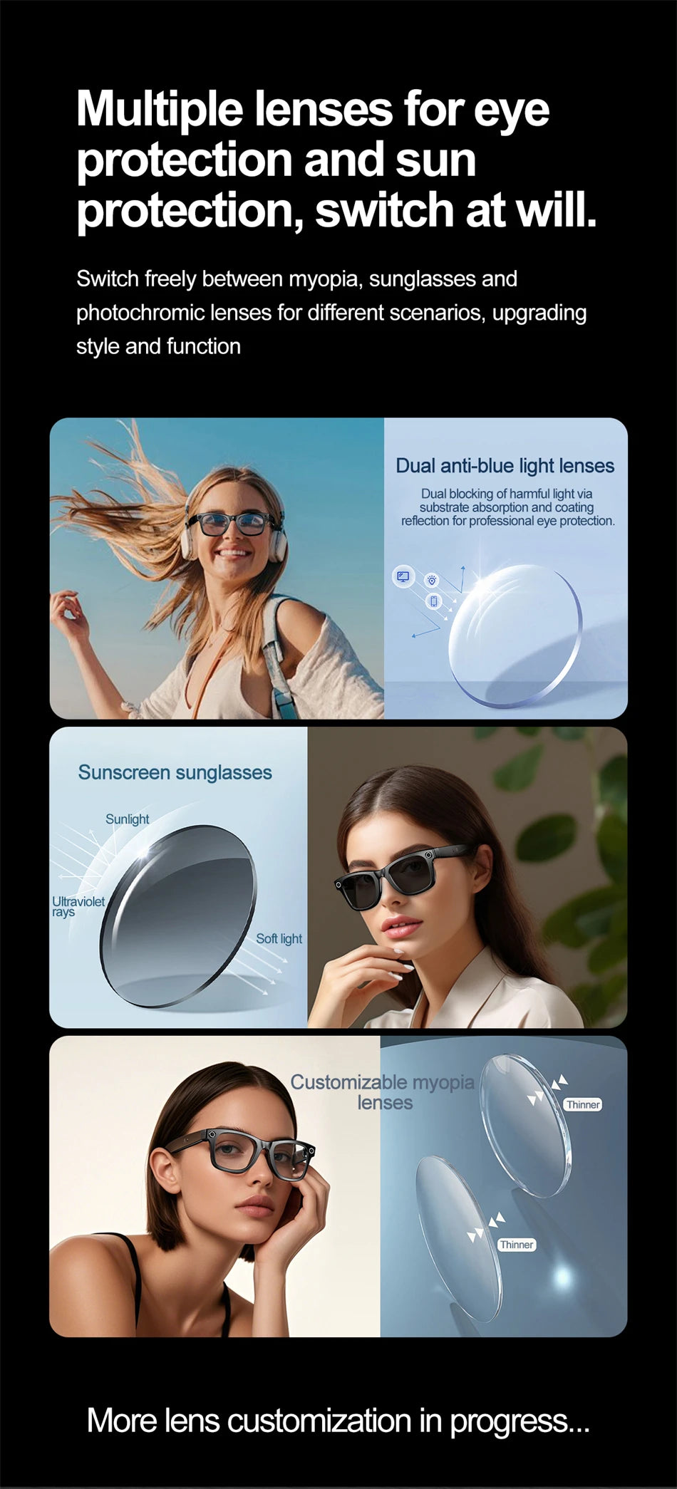 AI Smart Glasses with HD Camera for Photos Videos Hands-Free Vlog Recording Camera Glasses Audio for Driving Outdoor Sunglasses
