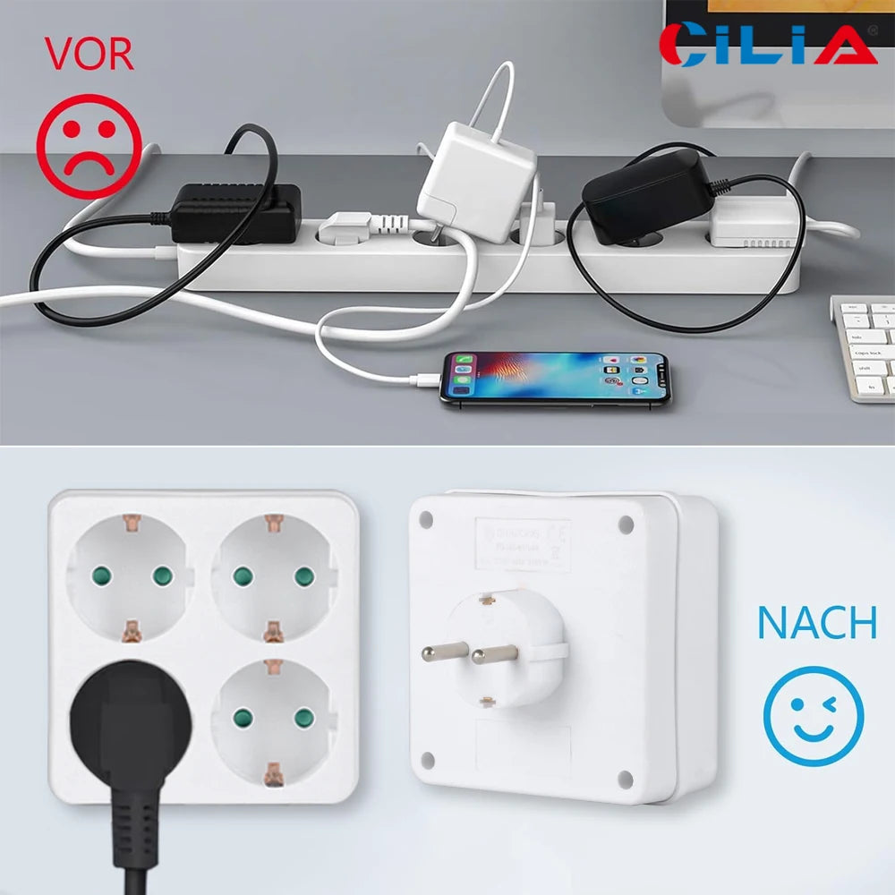CILIA 1/2/4pcs EU Socket Extension Converter 4 Outlet Compact Square Design for Home,office  Use Travel Friendly,White