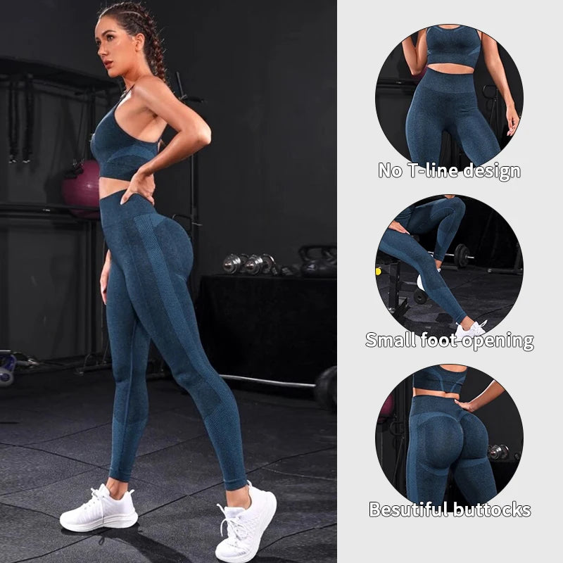 2 Pieces Women's Tracksuit Seamless Yoga Set Workout Sportswear Gym Clothing High Waist Leggings Fitness Sports Suits