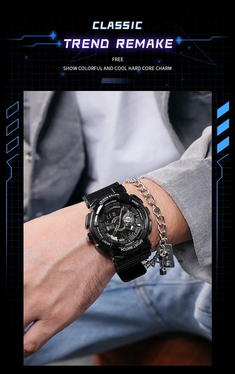Youth Sport Digital Watch Men Shockproof Waterproof Dual Wristwatches LED Alarm Clock Mens Watches Cool