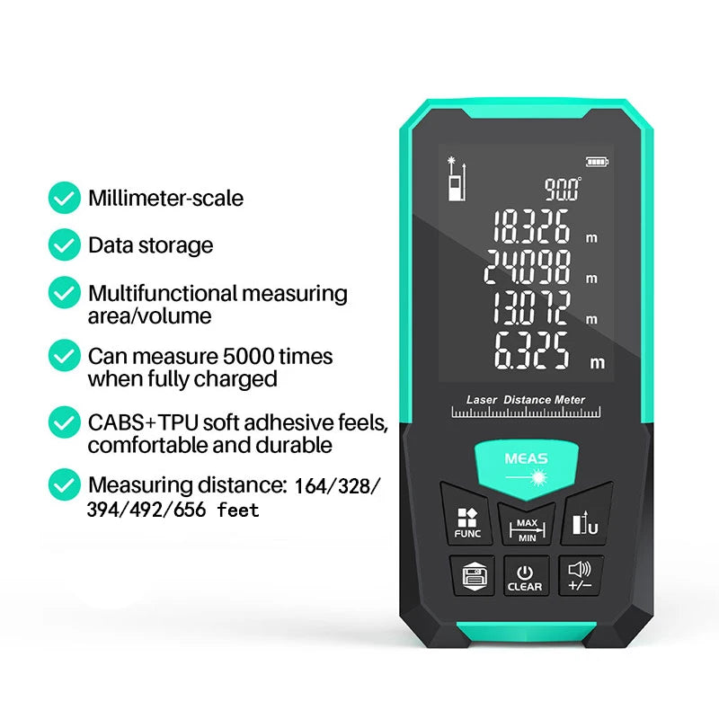Green Laser Rangefinder, Multiple Measurement Modes, M/FT/IN Unit Switching, Battery Free, 5 Range Options