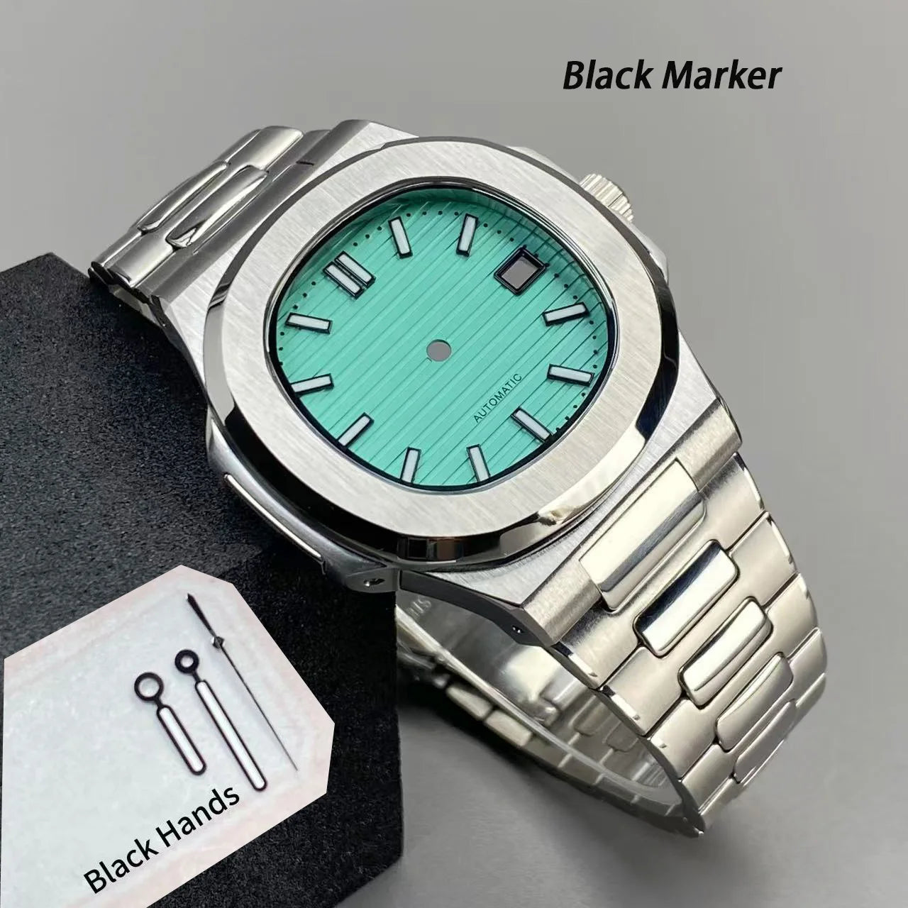 40mm NH35 Square Watch Case with Green Luminous Single Date Dial for Nautilus Style Watches Fit NH35 NH36 NH38 Movements