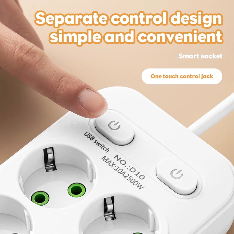 EU Plug AC Outlets Multitap Socket 2M Extension Cord Electrical Power Strip With USB Type C Fast Charging Network Filter Adapter