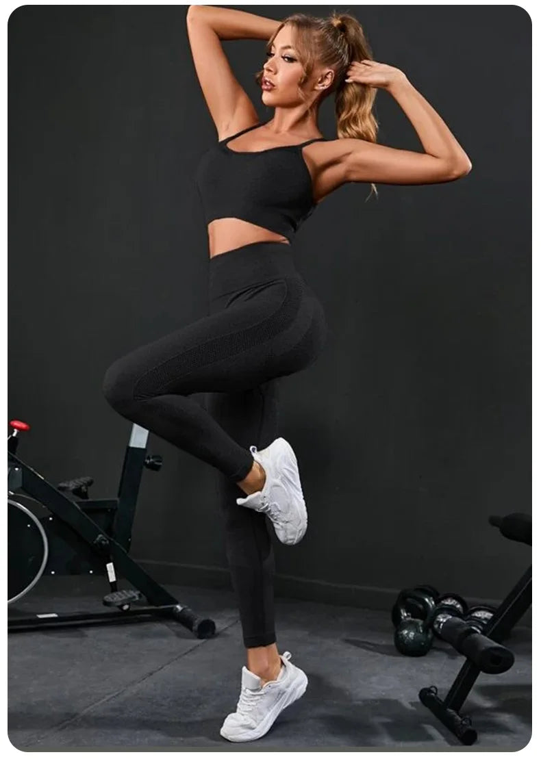 2 Pieces Women's Tracksuit Seamless Yoga Set Workout Sportswear Gym Clothing High Waist Leggings Fitness Sports Suits