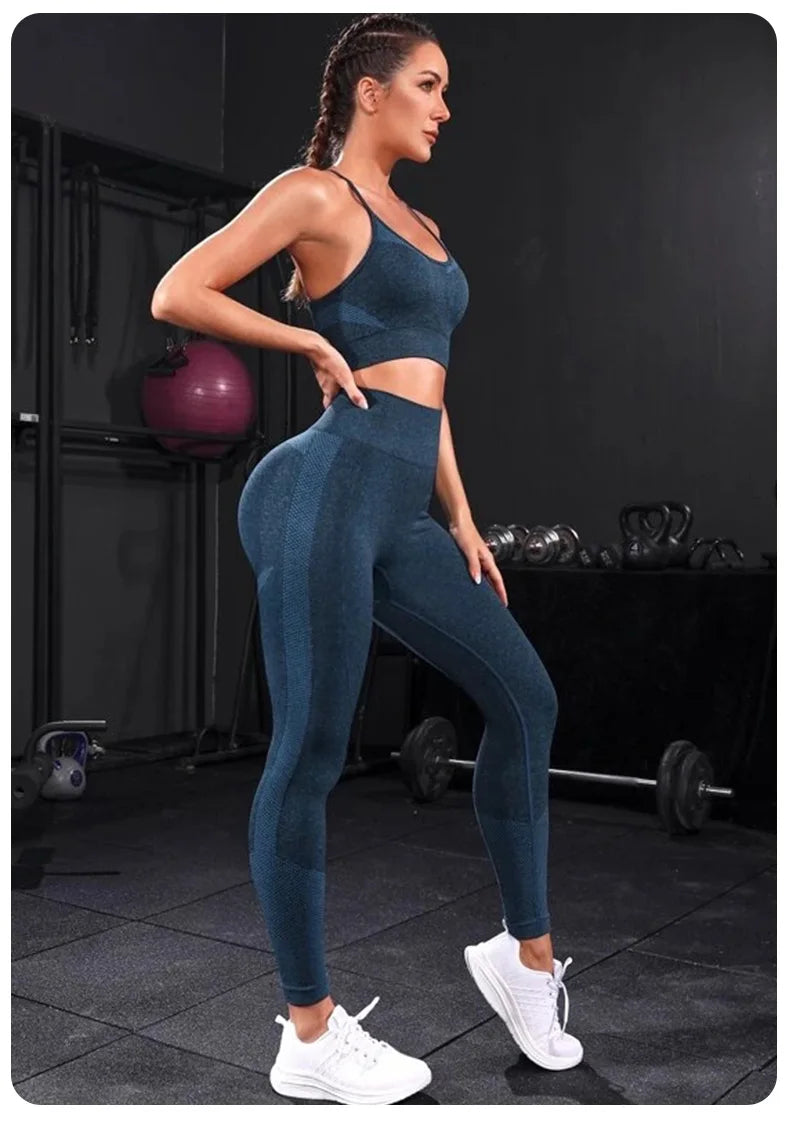 2 Pieces Women's Tracksuit Seamless Yoga Set Workout Sportswear Gym Clothing High Waist Leggings Fitness Sports Suits