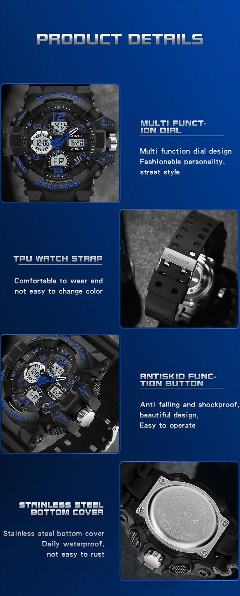 SANDA 3168 White Sport Watch LED Digital 50M Waterproof Watch Men Multifunction Clock Relogio Masculino Men Military Watches