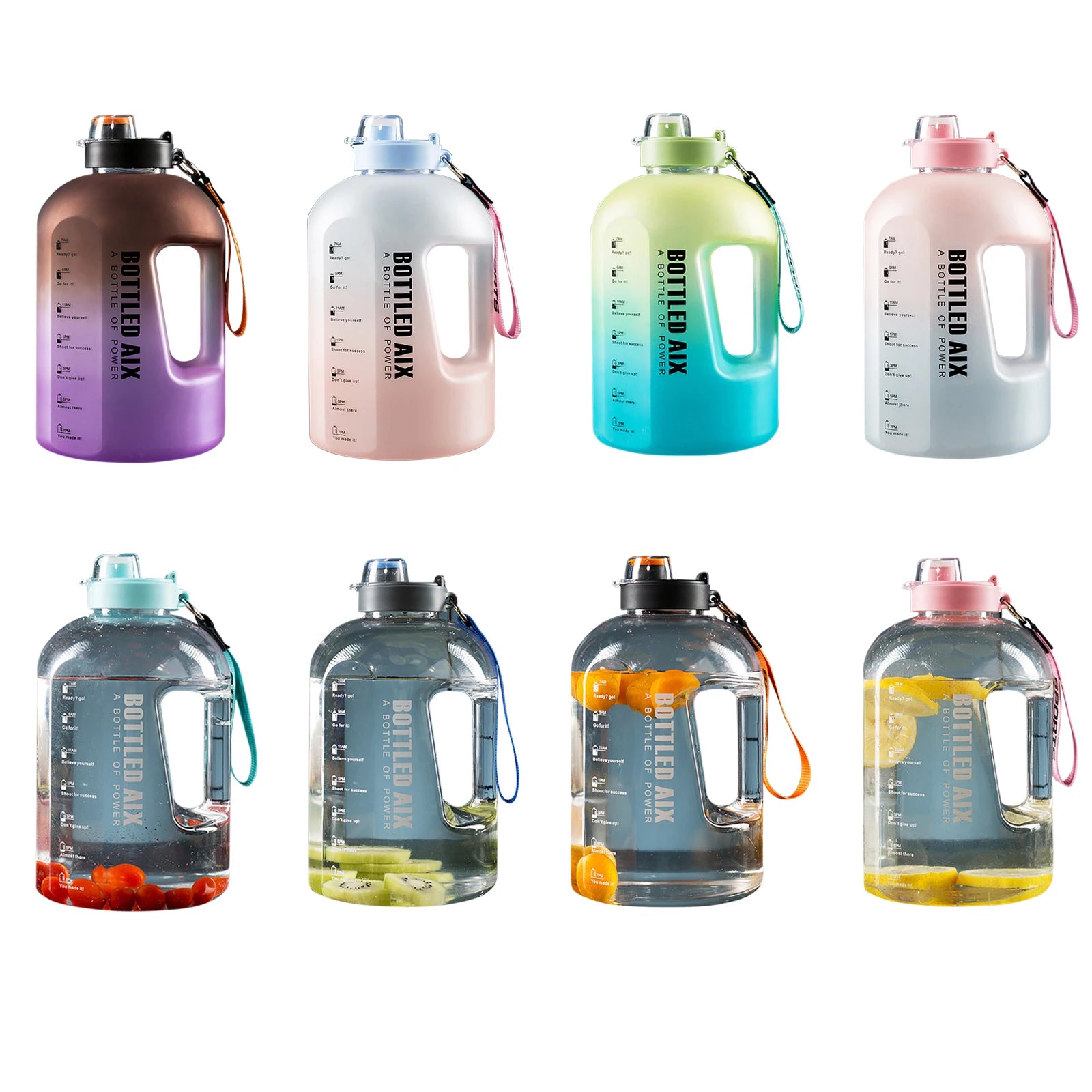 2200ML Large Capacity Water Bottle Gradient Color Time Marker with Handle Strap Wide Mouth Opening Outdoor Sport Fitness Gym Cup