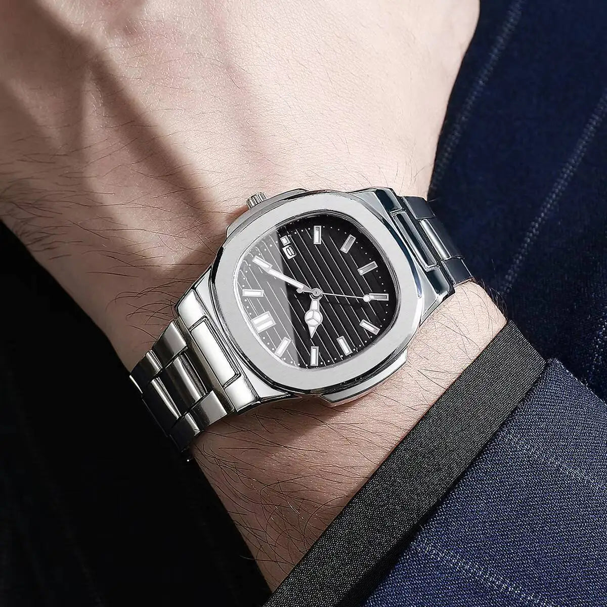 Fashion Square Men Business Watches Luxury Stainless Steel Strap Quartz Watch with Calendar For Mens Clock(Without Box)