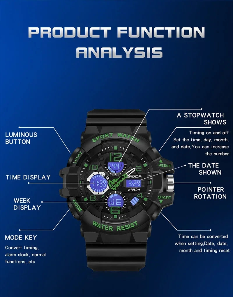 SANDA 3168 White Sport Watch LED Digital 50M Waterproof Watch Men Multifunction Clock Relogio Masculino Men Military Watches