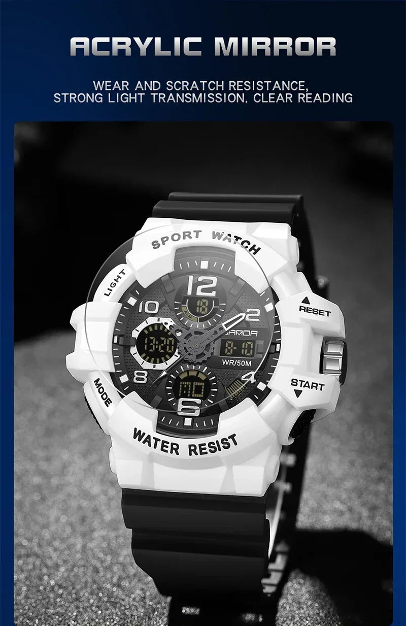SANDA 3168 White Sport Watch LED Digital 50M Waterproof Watch Men Multifunction Clock Relogio Masculino Men Military Watches