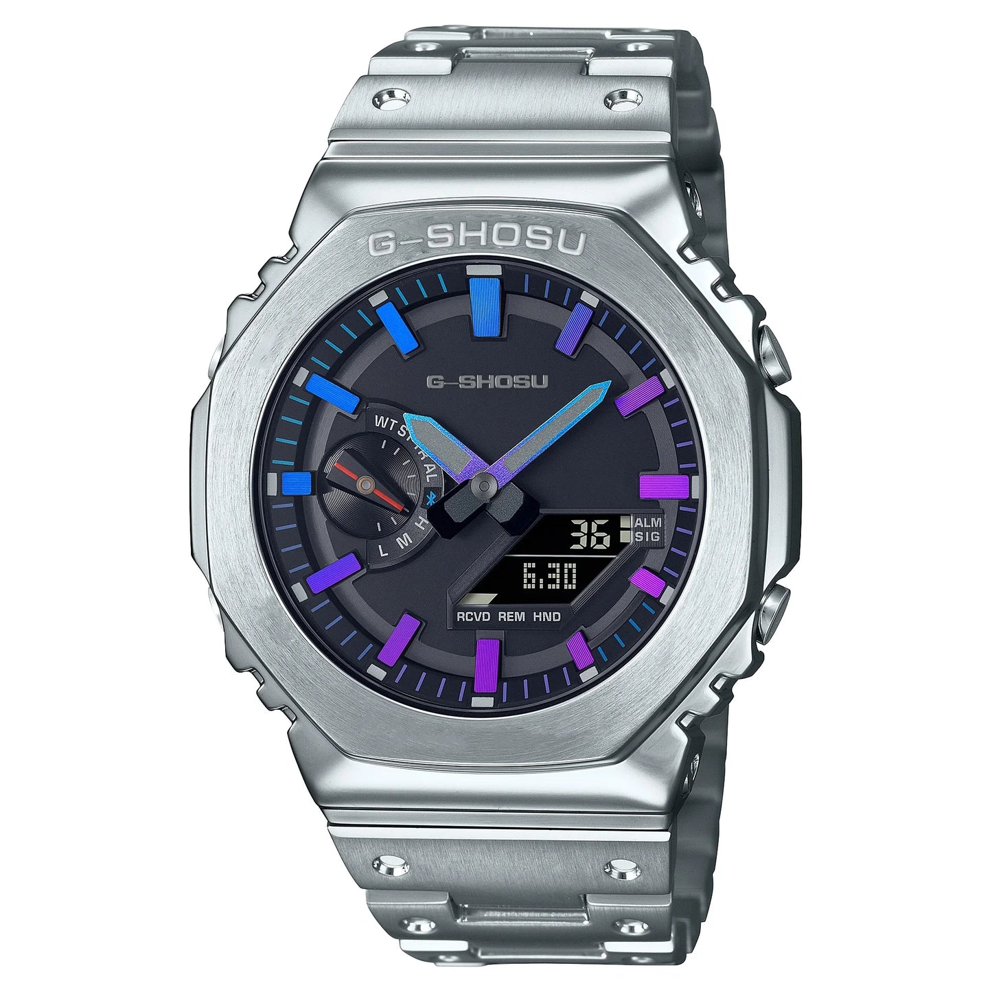 Digital Sports Electronic Unisex Watch Full Function LED Alloy Large Dial World Time Steel Strap GMB Oak Series