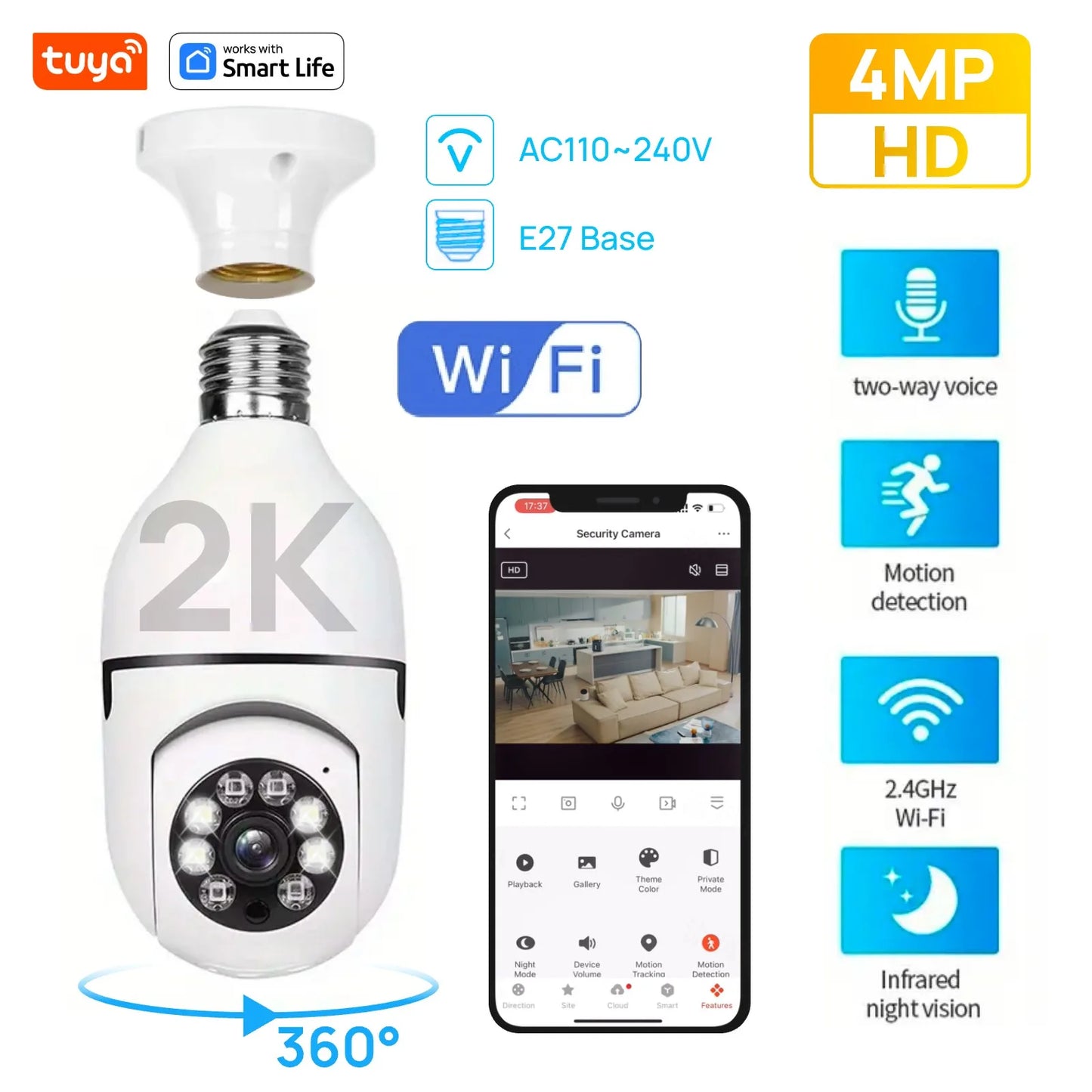 Tuya Smart Home 2.4G E27 Bulb Wifi Surveillance Camera HD Night Security Video Surveillance Supprt Two Way Audio Mobile Motion