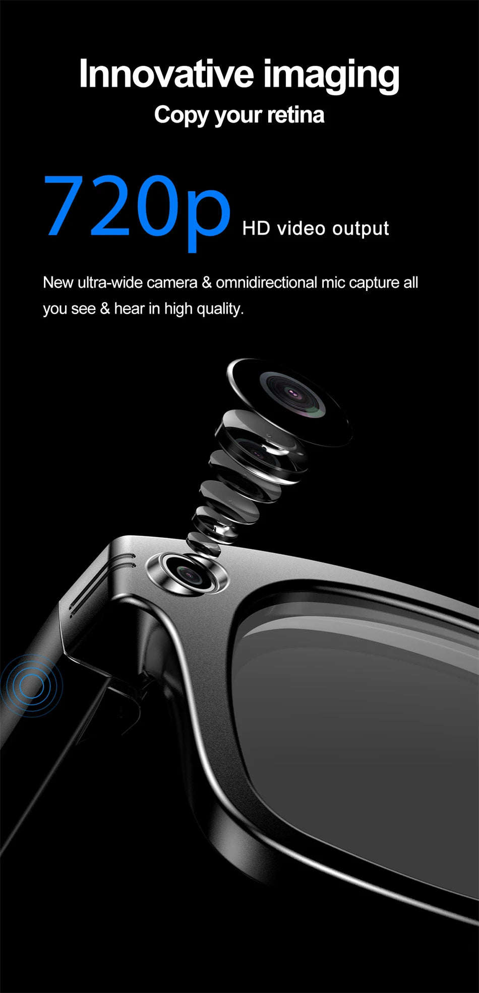 AI Smart Glasses with HD Camera for Photos Videos Hands-Free Vlog Recording Camera Glasses Audio for Driving Outdoor Sunglasses