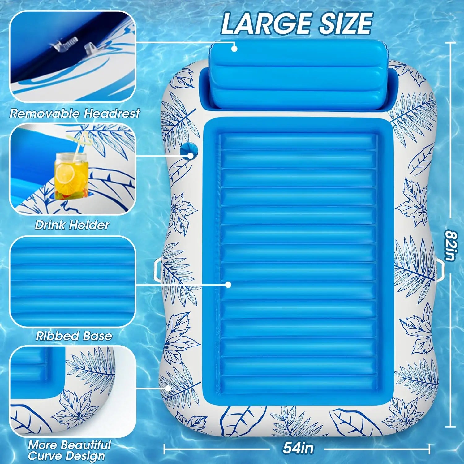 Inflatable Tanning Pool Lounger – Large (208 x 137 cm) – Premium Pool Float with Cupholders and Removeable Pillow, Palm Pattern