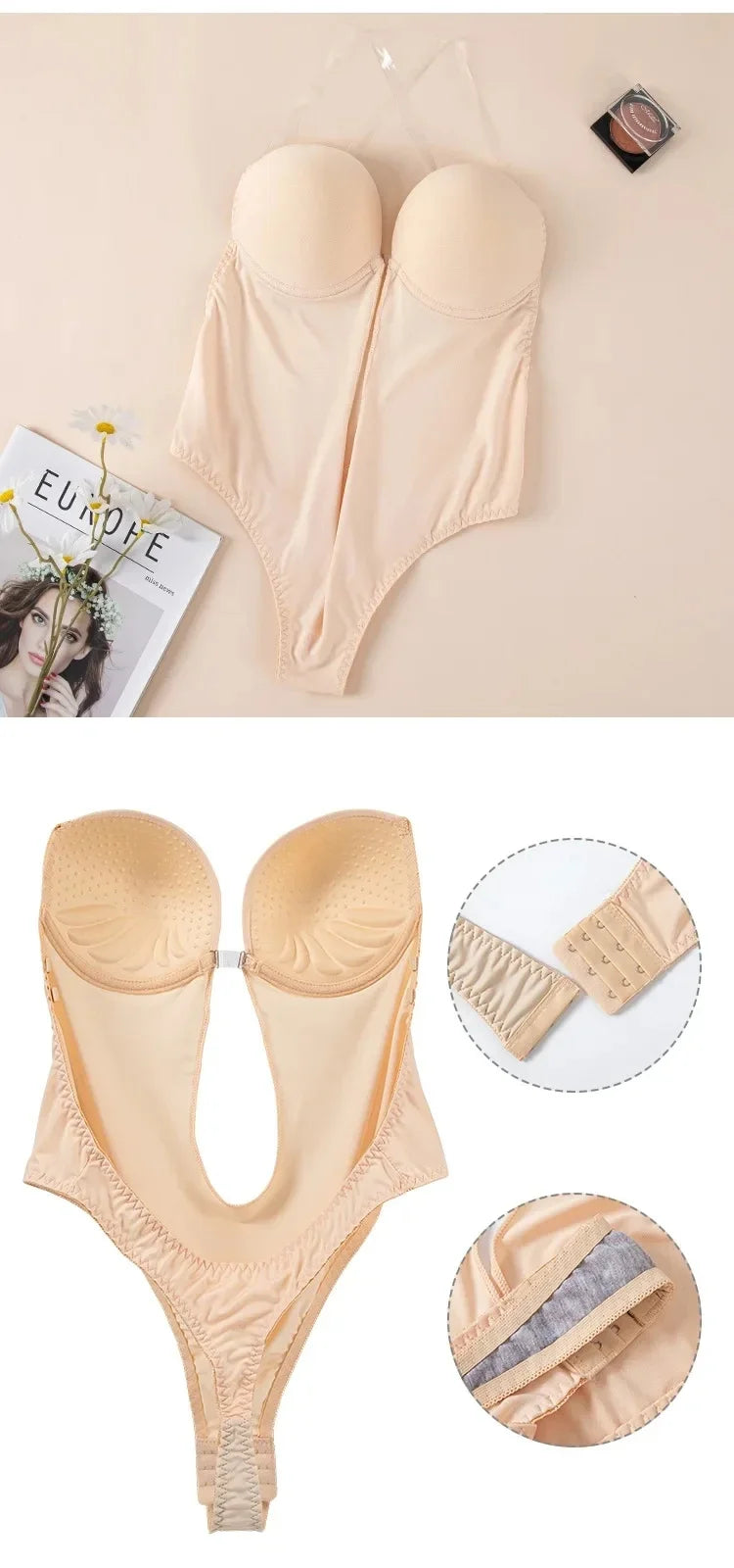 Women Shapers Underwear Backless Bodysuit Shapewear M L XL Deep V-Neck Body U Plunge Clear Strap Padded Push Up Corset