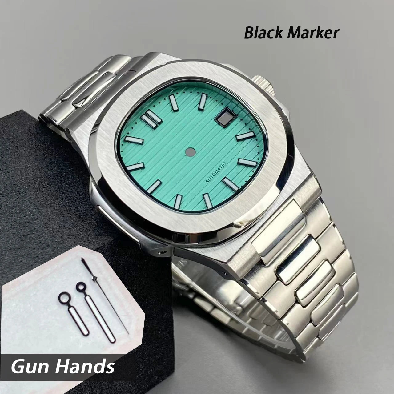40mm NH35 Square Watch Case with Green Luminous Single Date Dial for Nautilus Style Watches Fit NH35 NH36 NH38 Movements