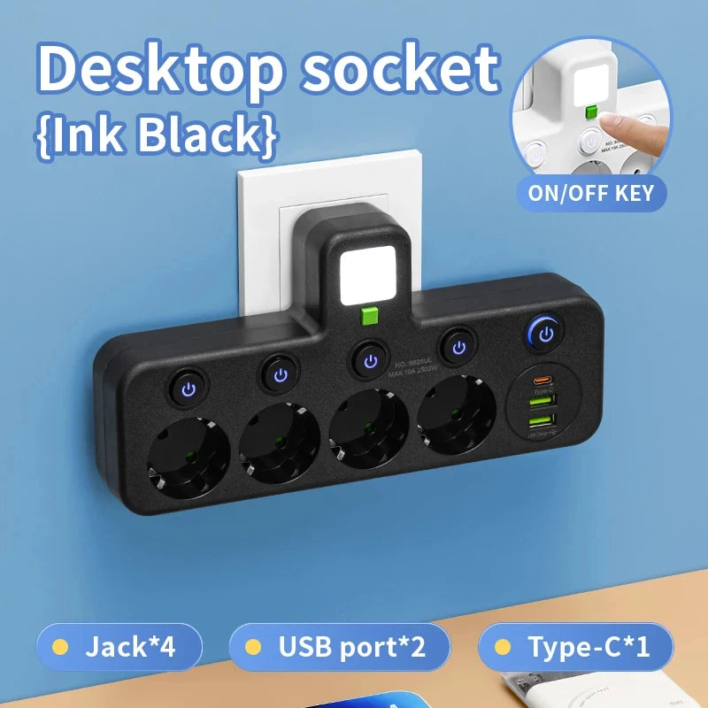 EU Socket Plug Outlet 5-Sockets Electrical Socket No Extension Cord With or without it USB Type-C Ports Two specifications