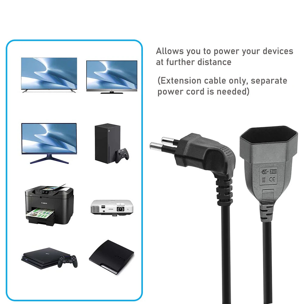 EU Power Extension Cord Angled European 2-prong Male to Female Socket Power Extension Cable EU Power Socket Port Saver Extender