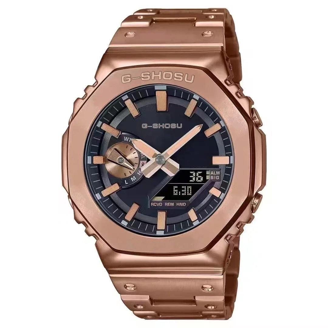 Digital Sports Electronic Unisex Watch Full Function LED Alloy Large Dial World Time Steel Strap GMB Oak Series
