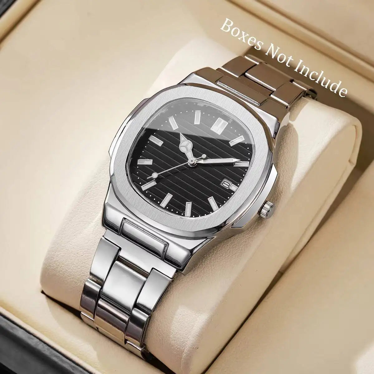 Fashion Square Men Business Watches Luxury Stainless Steel Strap Quartz Watch with Calendar For Mens Clock(Without Box)