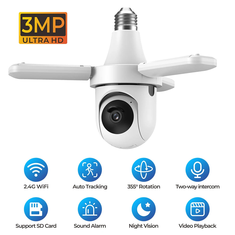 2K 3MP Wireless Bulb Security Camera with Motion Detection Color Night Vision Two-Way Audio Tuya Smart Life Home Surveillance