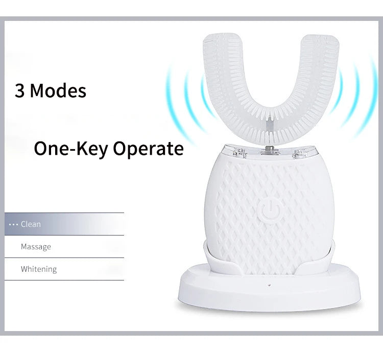 360° Ultrasonic Electric Toothbrush U Shaped for Adults Sonic Vibrations Tooth Brush with Charging Base Blue LED Light Whitening