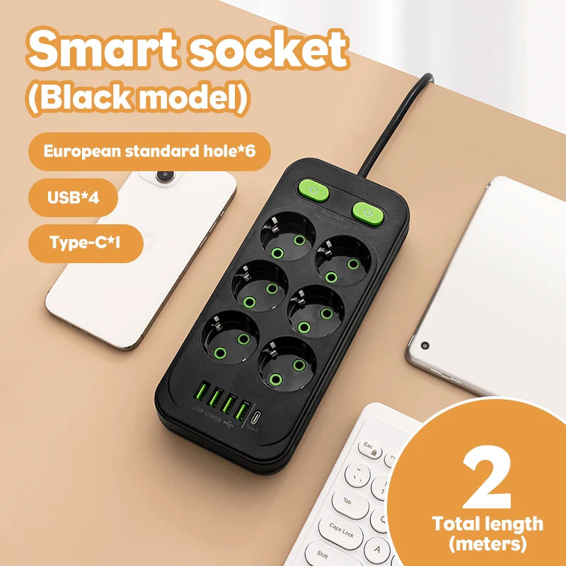 EU Plug AC Outlets Multitap Socket 2M Extension Cord Electrical Power Strip With USB Type C Fast Charging Network Filter Adapter