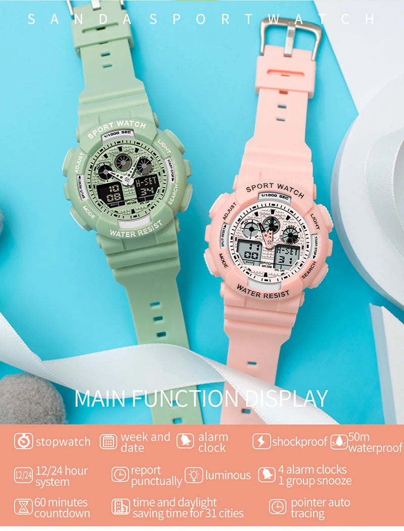 SANDA Multifunctional Sports Watch Waterproof Luminous Dual Movement Quartz Electronic Watch Fashion Couple Watch for Men Women