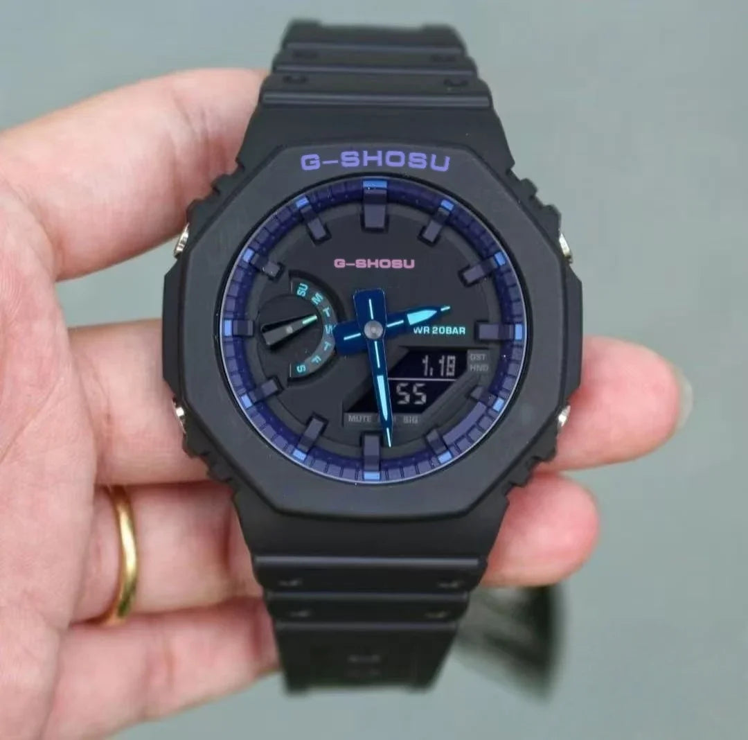Green Black Sport Unisex Watch Full Function World Time LED Dual Display Rubber Strap Oak Luminous