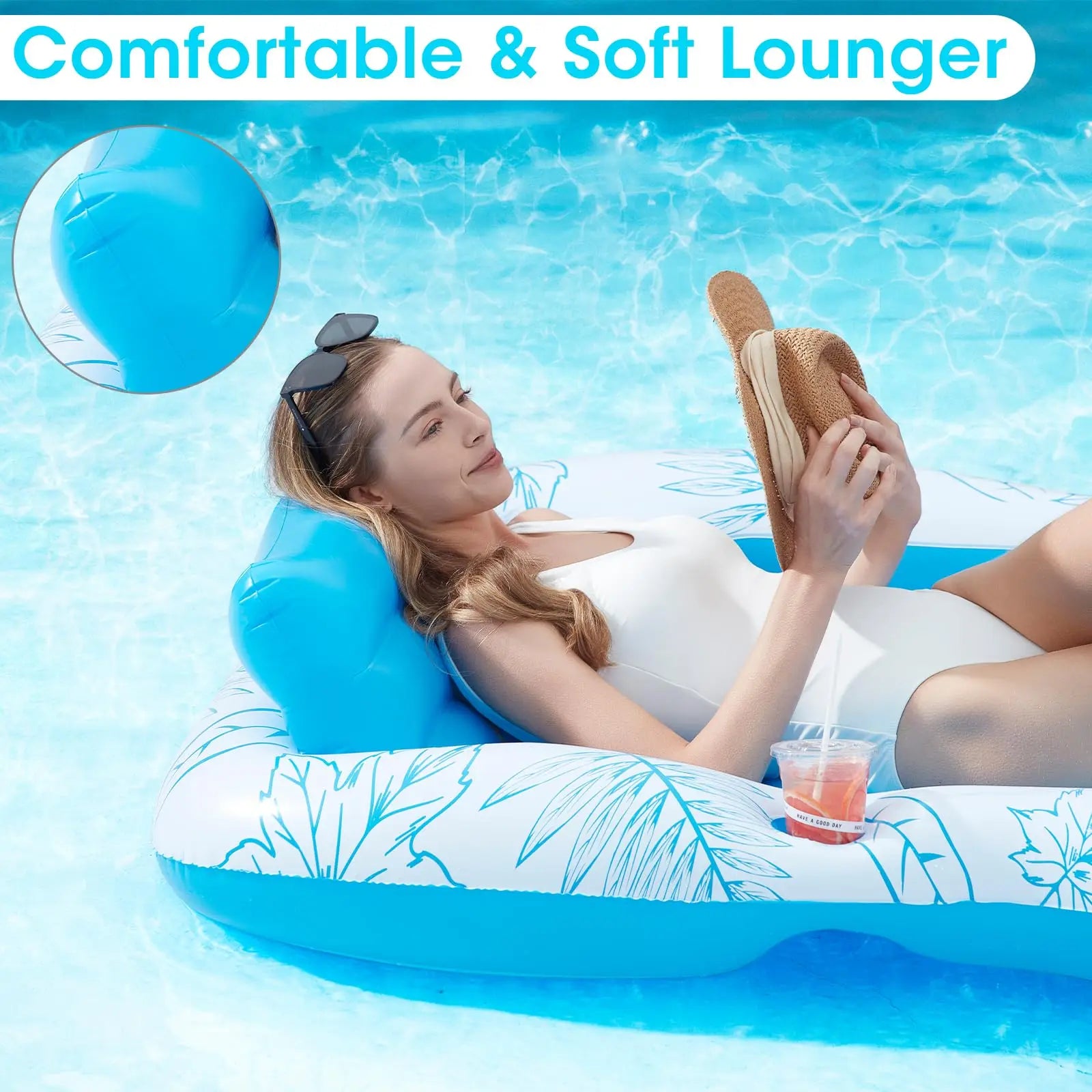Inflatable Tanning Pool Lounger – Large (208 x 137 cm) – Premium Pool Float with Cupholders and Removeable Pillow, Palm Pattern