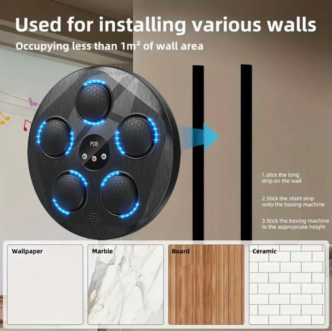 An interactive electronic boxing target with rhythmic music and lighting effects. A music boxing machine.