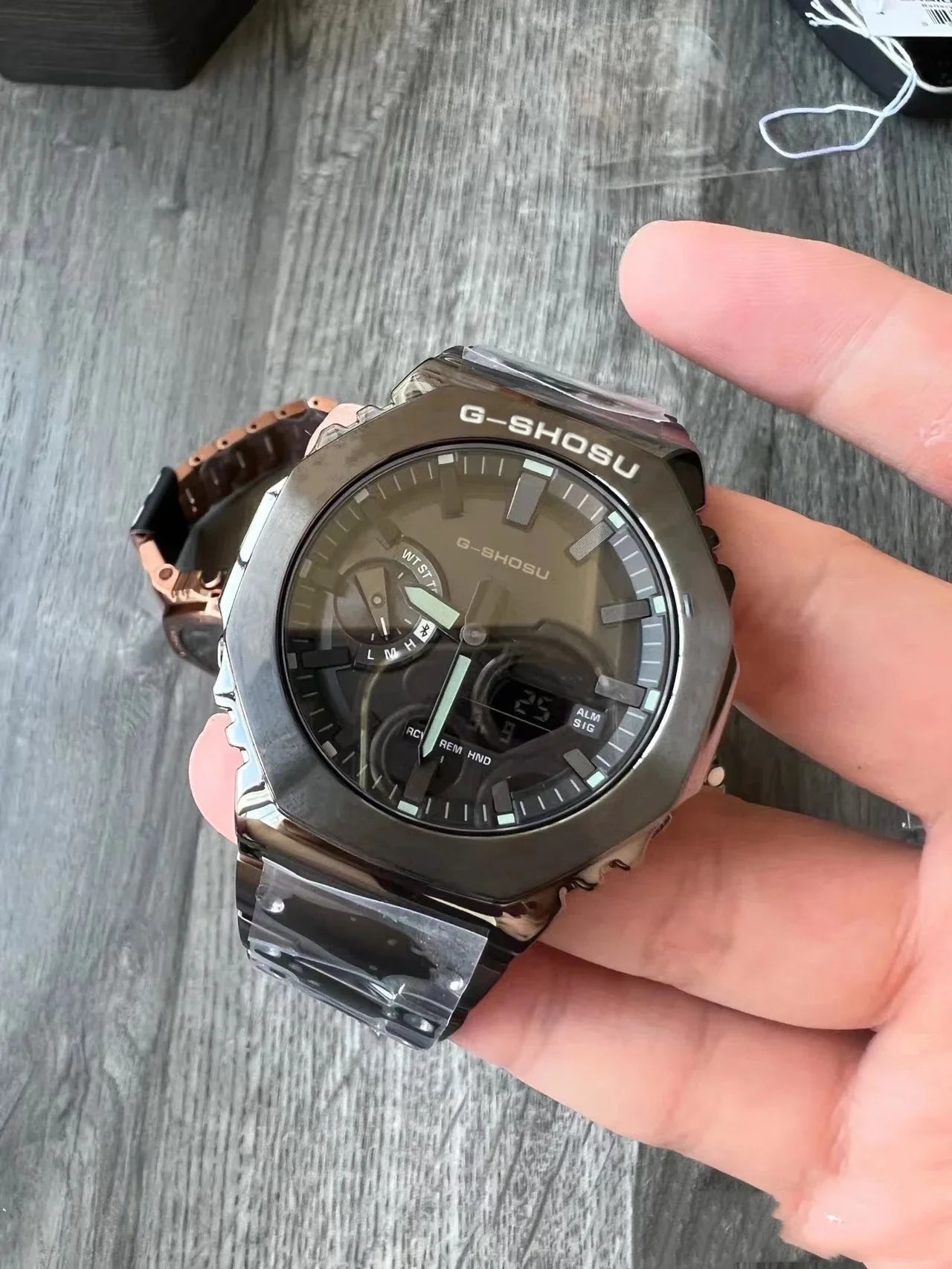 Digital Sports Electronic Unisex Watch Full Function LED Alloy Large Dial World Time Steel Strap GMB Oak Series